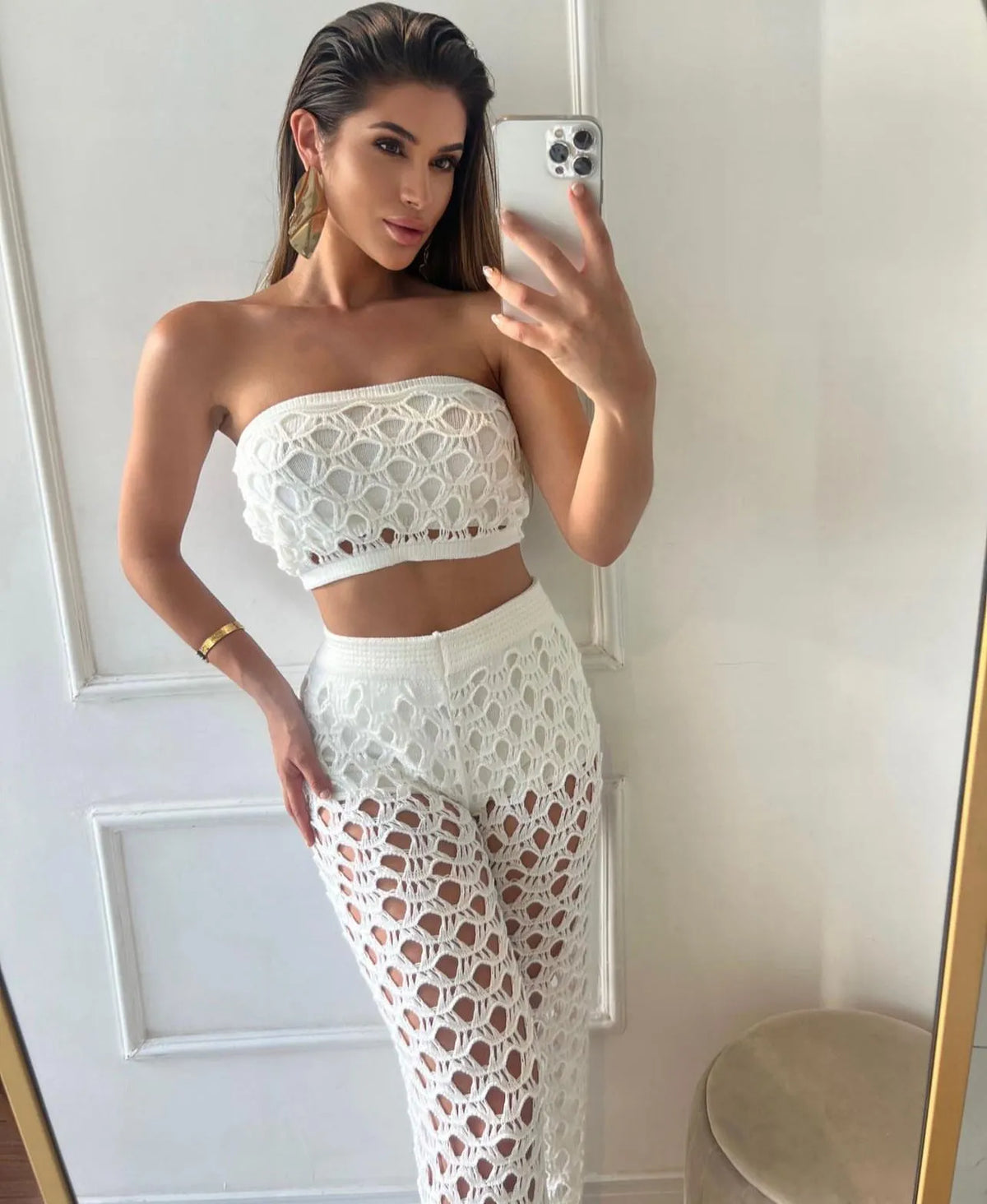 Conjunto Tricot Rendado Cropped e Calça com Hot Pant