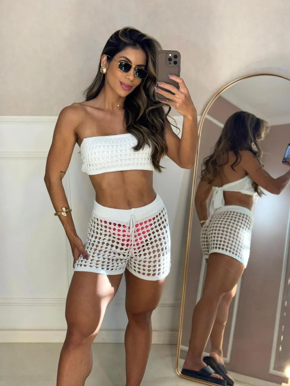 Conjunto Tricot Rendado na Linha Short e Cropped Faixa Moda Praia