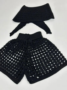 Conjunto Tricot Rendado na Linha Short e Cropped Faixa Moda Praia