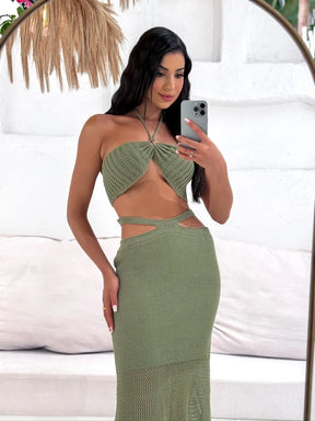 Conjunto Trincot Rendado Saia Longa com Fenda e Cropped com Argola